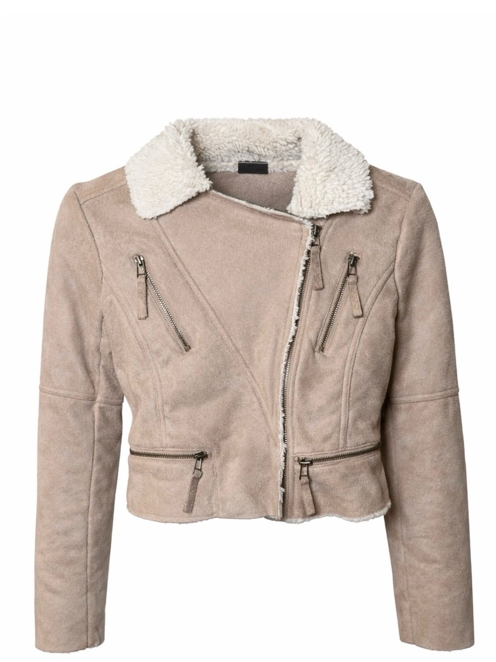 Urban Behavior Cropped Tan Shearling Jacket with Cream Trim